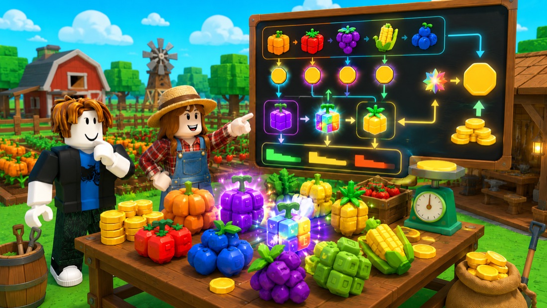 Grow a Garden 2 crop value calculator image with harvest items, mutation boosts, and value planning