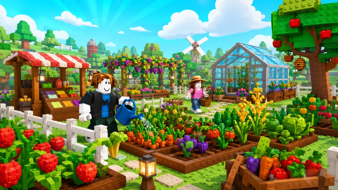 Grow a Garden 2 garden overview image with crops, seed paths, and Roblox farming routes