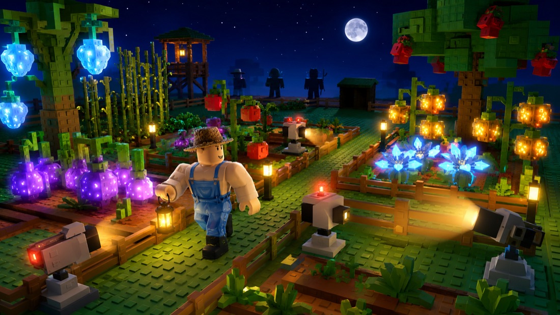 Grow a Garden 2 night defense image with protected crops, garden lights, and Roblox crop safety
