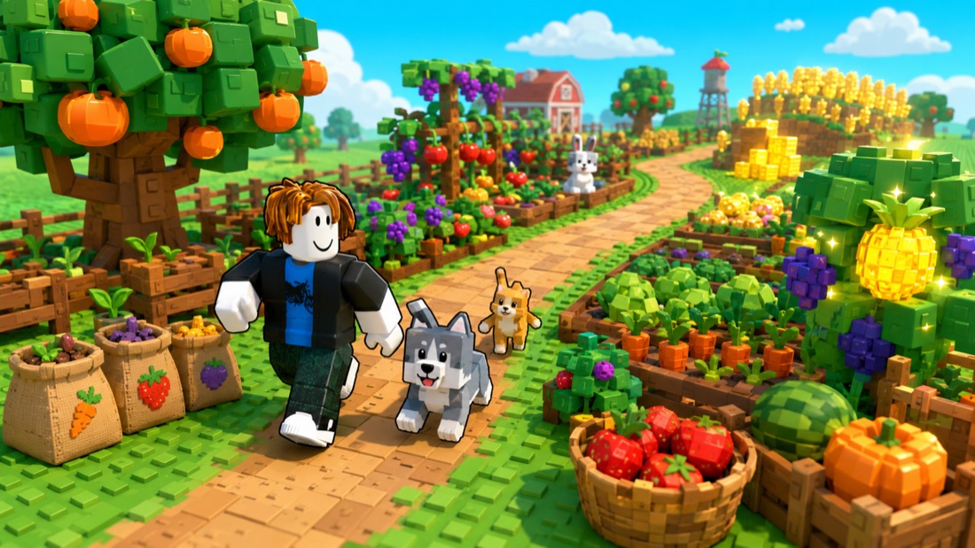 Grow a Garden 2 seeds and pets route image with a player, pet companion, crops, and garden path