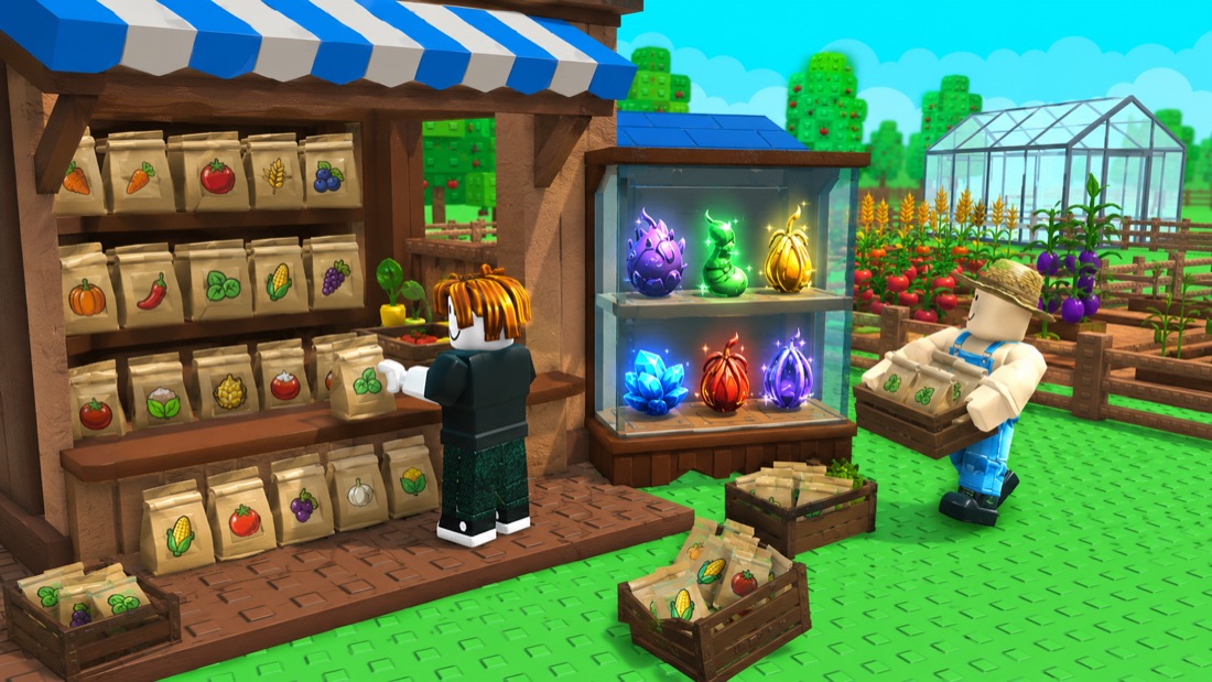Grow a Garden 2 stock shop image showing seed bags, rare crates, and restock planning